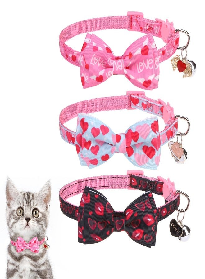 KOOLTAIL Valentine Cat Collars Breakaway with Bowtie and Bells, 3 Pack Pink Girl Cute Kitten Collars, Adjustable Safety Buckle Heart Charm Pendant Pet Collars for Kitty Boys Girls Cats Holiday - Image 1